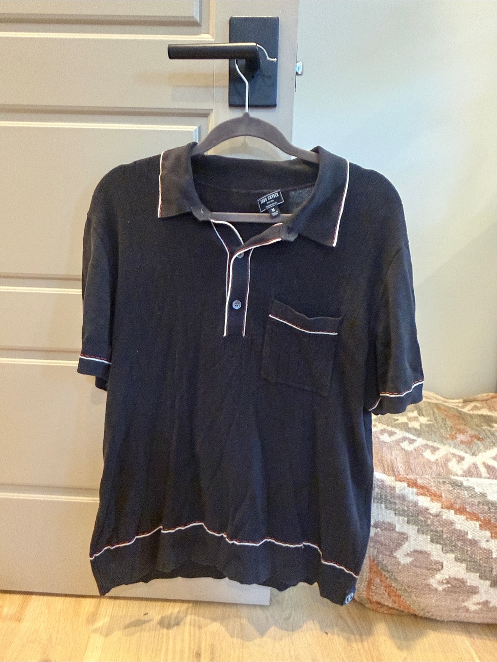 Todd Snyder Black Polo with White and Red Contrast Trim